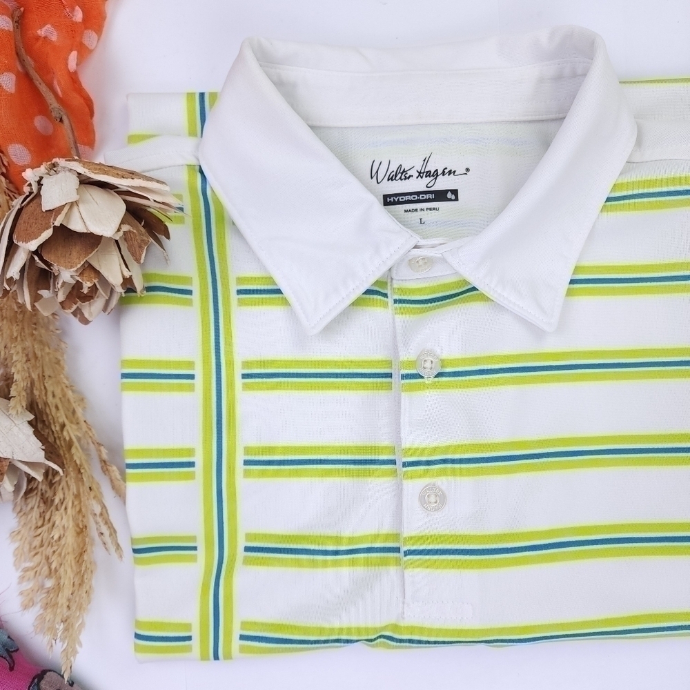Men's Walter Hagan White Green Stripe Golf Polo Sz L - Picture 10 of 10